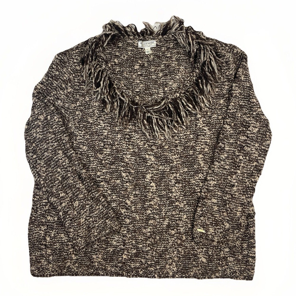 VTG St John Sport by Marie Gray Lion Fringe Collar Wool Sweater Large Boho Y2K